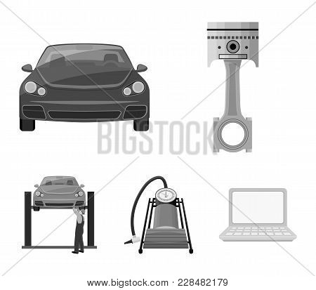 Car On Lift, Piston And Pump Monochrome Icons In Set Collection For Design.car Maintenance Station V