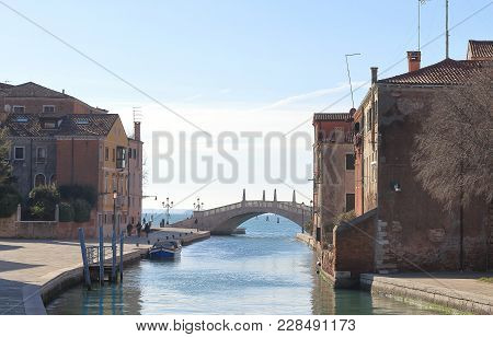 Venice, Italy. View Of The Bridge And Fondamenta Arsenale In Castello.