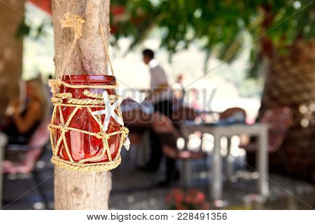 Outdoor Cafe, Table Set For A Luncho On Sunny Warm Day. Mediterran City Or Town.