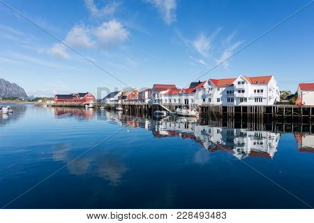 White Houses In A Fishing Village, Henningsvaer, Lofoten Archipelago, Norway. National Tourist Route