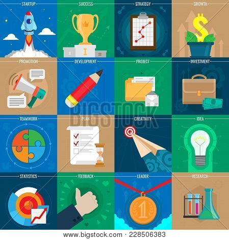 Design And Development. Set Of Flat Business Vector Icons. Web Design Objects, Business, Office And 