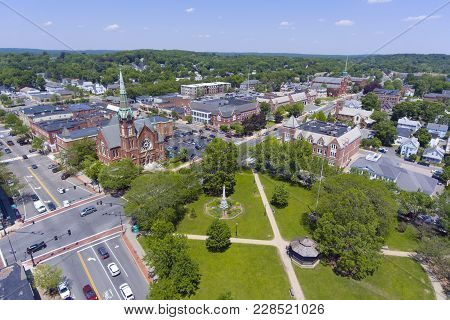 Natick First Congregational Church, Town Hall And Common Aerial View In Downtown Natick, Massachuset
