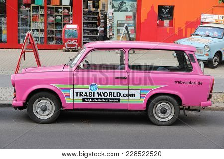 Berlin, Germany - August 25, 2014: Colorful Trabant 601 Cars Parked In Berlin. 3,096,099 Trabant Car