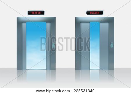 Sky Lift Vector Ilustration. Realistic Half Open Metal Elevator Door To The Heaven