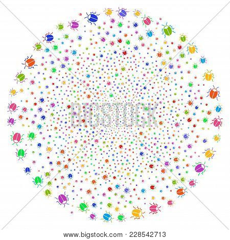 Attractive Bug Curl Source. Psychedelic Twist Created By Scattered Bug Symbols. Vector Illustration 