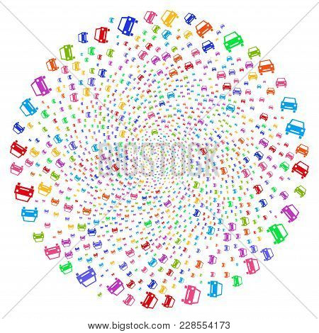 Bright Car Centrifugal Rotation. Suggestive Cluster Designed With Randomized Car Objects. Vector Ill