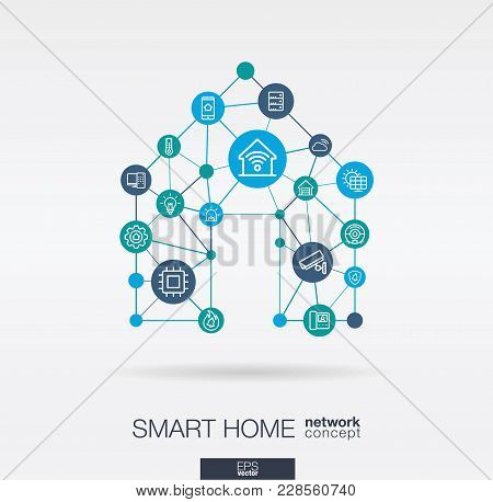 Smart Home Integrated Thin Line Web Icons. Digital Neural Network Interact Concept. Connected Graphi