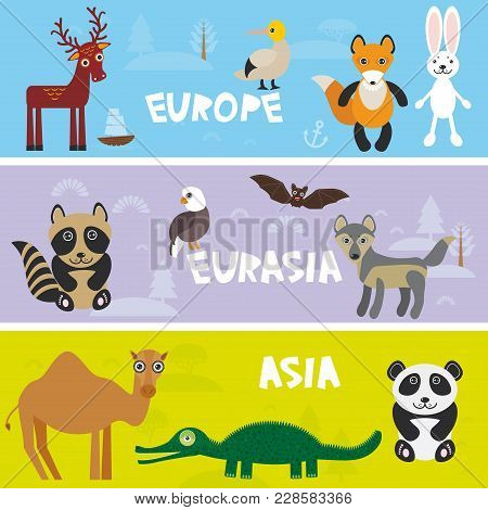 Cute Animals Set Camel Crocodile Alligator Hare Rabbit Fox Gannet Bat Deer Eagle Raccoon Panda Wolf,