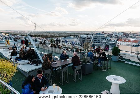 Madrid, Spain - November 3, 2017:  People Enjoying At Cafe On Circulo De Bellas Artes Of Madrid Roof