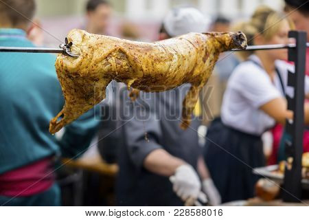 Carcass Of Sheep, Suckling Pig On Rotating Spit With Fire On Spit, Bbq. Concept Summer Picnic, Nutri