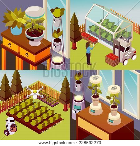 Agricultural Robots Isometric 2x2 Design Concept Set Of Square Compositions Representing Robotised E