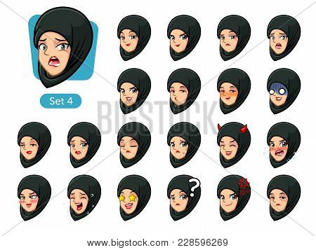 The Fourth Set Of Muslim Woman Wearing A Black Hijab Cartoon Character Avatars With Different Facial