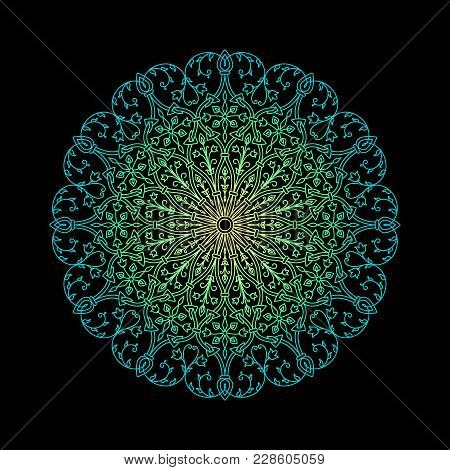 Round Abstract Ornament For An Event Or Holiday. Simmetric Asian Mandala Isolated On Black Backgroun