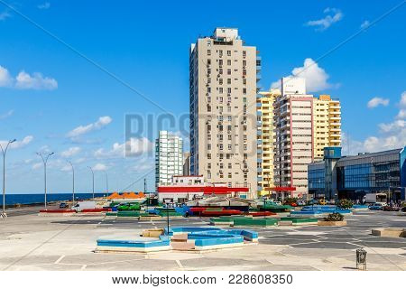 Modern Residential Buildings Close To Malecon Promenade, Vedado, Havana, Cuba