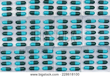 Full Frame Of Blue And Green Antibiotics Capsule Pills In Blister Packs. Antimicrobial Drug Resistan