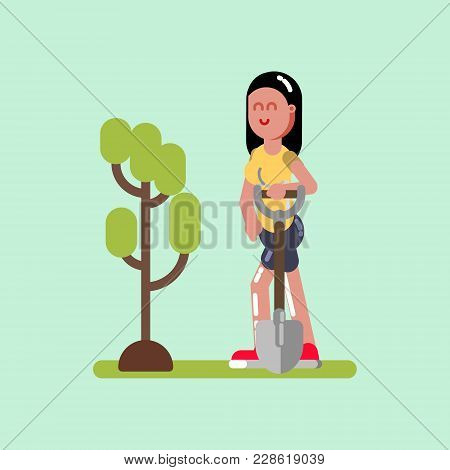 Voluntire Female Planting The Tree. Vector Illustration, Eps 10