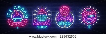 Sweets Shop Is Collection Logos Of Neon Style. Ice Cream Shop, Cotton Candy. Candy Shop Collection N