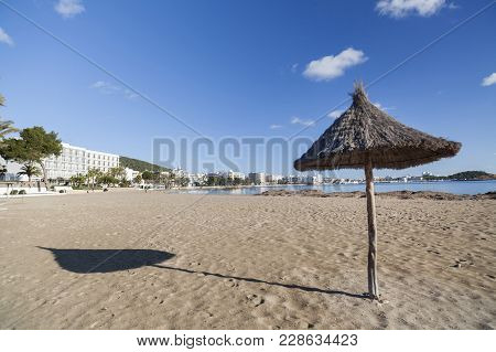 Santa Eularia Des Riu, Spain- January 12, 2018: Mediterranean Beach In Balearic Town Of Santa Eulari