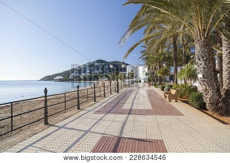 Santa Eularia Des Riu, Spain- January 12, 2018: Maritime Promenade And Beach In Balearic Town Of San