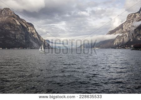 Lecco, Italy- January 10,2018: Lake Como View From City Of Lecco, Italy.