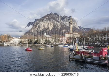 Lecco, Italy- January 10,2018: Lake Como And City View,lecco, Italy.