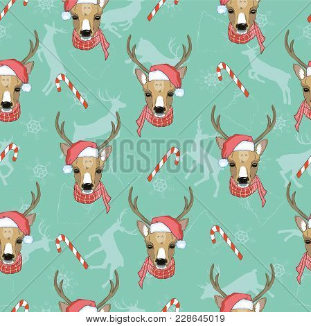 Christmas Deer Vector Seamless Pattern Illustration. Reindeer Vector Head With Horn And Santa Hat