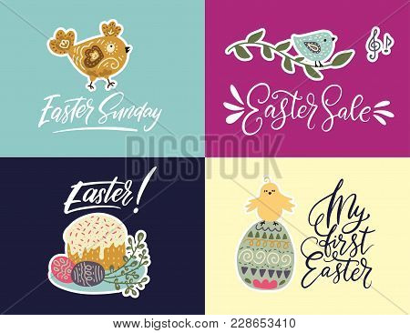 Handdrawn Easter Cards With Cute Illustrations. Handwritten Lettering Postcards.