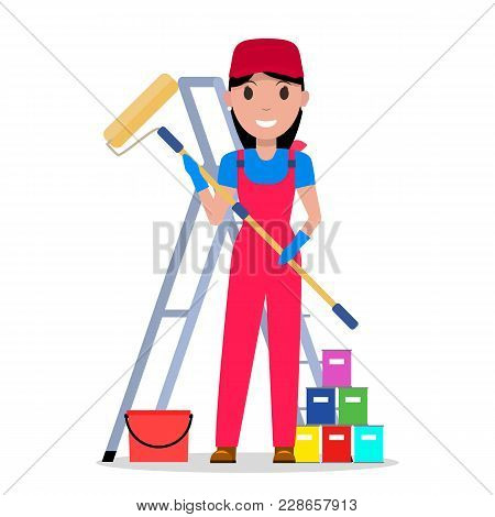 Vector Illustration Of A Cartoon Character Woman Painter With A Brush, Stairs And Paints. Isolated W
