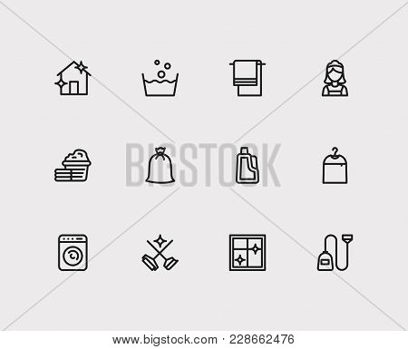 Clean Icons Set With Washer, House Cleaning And Cleaning Maid Elements. Set Of Clean Icons Also Incl