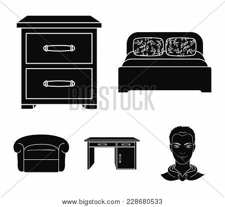 Interior, Design, Bed, Bedroom .furniture And Home Interiorset Collection Icons In Black Style Vecto