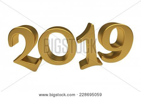 3d render: Happy New Year 2019, Golden 3D Numbers, New 2019 Year 3d Text on White Background, Greeting Card Design Template
