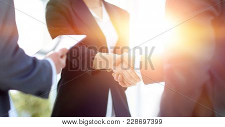 Businesswoman shaking hands with a businssman during a meeting