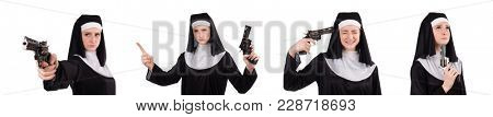 Aiming young nun with gun isolated on white