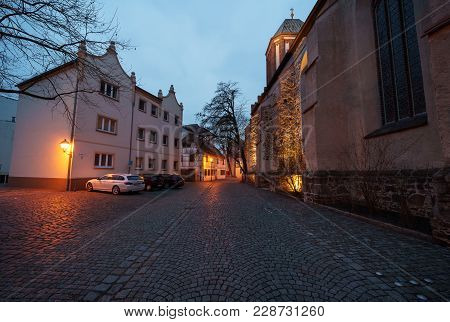 Senftenberg, Germany - February 08, 2018: Evening Streets Of The Old Town. The Ancient City Of Senft