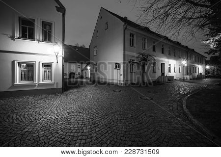 Senftenberg, Germany - February 08, 2018: Night Streets Of The Old Town. The Ancient City Of Senften