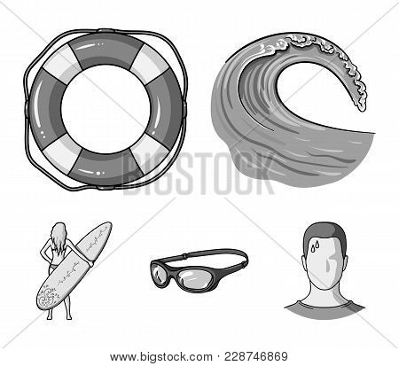 Oncoming Wave, Life Ring, Goggles, Girl Surfing. Surfing Set Collection Icons In Monochrome Style Ve