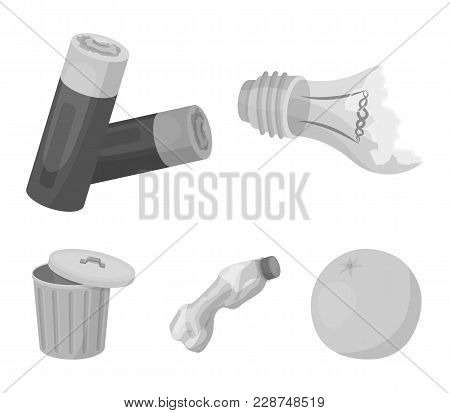 Broken Light Bulb, Used Batteries, Breaking A Plastic Bottle, Garbage Can With A Sign.garbage And Tr