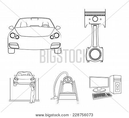 Car On Lift, Piston And Pump Outline Icons In Set Collection For Design.car Maintenance Station Vect