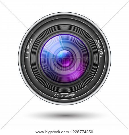 Realistic Camera Lens With Reflections. Vector 3d Professional Photo Video Equipment Macro Device. O