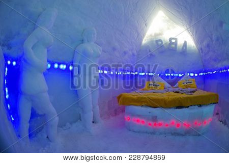 ICE HOTEL - BALEA LAKE ROMANIA - FEBRUARY 18 2017: The famous ice hotel on the frozen Balea lake in Fagaras Mountains, Transylvania, Romania, Europe