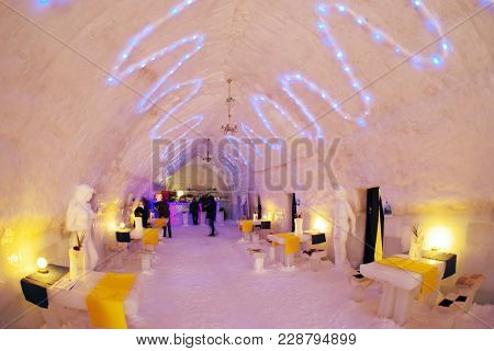 ICE HOTEL - BALEA LAKE ROMANIA - FEBRUARY 18 2017: The famous ice hotel on the frozen Balea lake in Fagaras Mountains, Transylvania, Romania, Europe