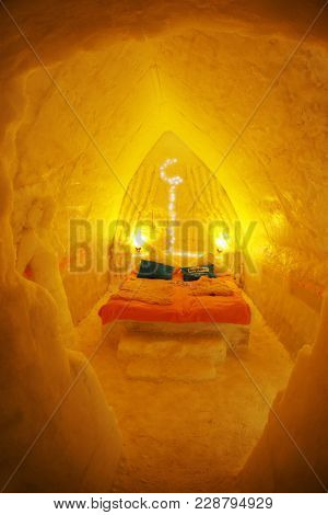 ICE HOTEL - BALEA LAKE ROMANIA - FEBRUARY 18 2017: The famous ice hotel on the frozen Balea lake in Fagaras Mountains, Transylvania, Romania, Europe