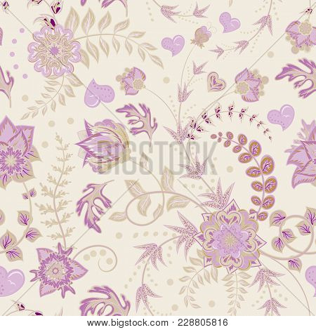 Seamless Floral Pattern. Hand Draw Vector Illustration. Seamless Background With Flowers. Gently Lil