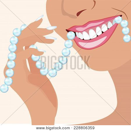 Vector Face Of Girl And Smile With Ideal Teeth And A Pearl Necklace For Dental Cosmetalogical And St