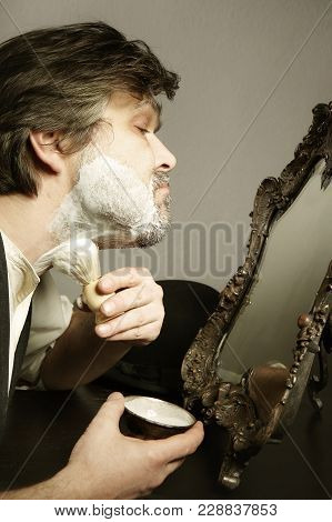 Prewar Old Style Man Creaming His Neck With Brush For Shaving