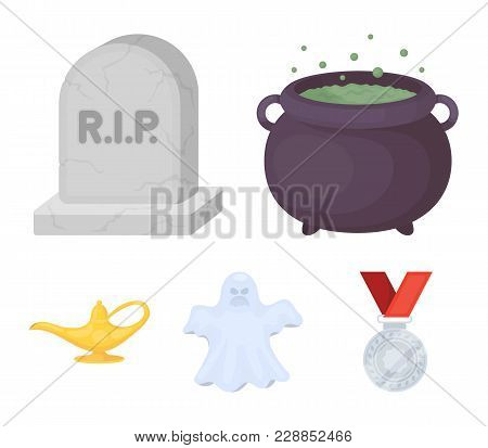 A Witch's Cauldron, A Tombstone, A Ghost, A Gin Lamp.black And White Magic Set Collection Icons In C
