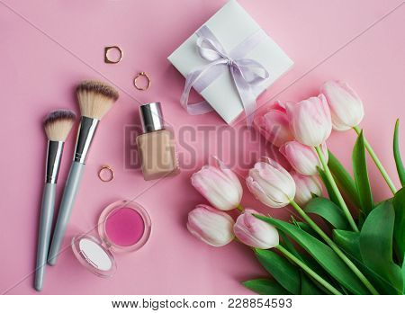 Cosmetics, Decorations, A Bouquet Of Tulips On A Pink Background. Gift. A Box With A Gift. Internati