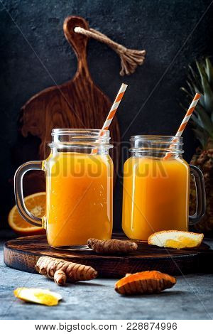 Immune Boosting, Anti Inflammatory Smoothie With Orange, Pineapple, Turmeric. Detox Morning Juice Dr