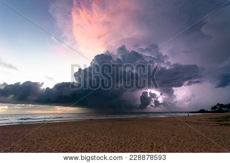 Ahungalla Beach, Sri Lanka, Asia - Thunder And Lightning During Sunset At The Beach Of Ahungalla