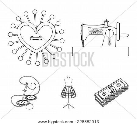 Needle And Thread, Sewing Machine, Pincushion, Dummy For Clothing. Sewing And Equipment Set Collecti
